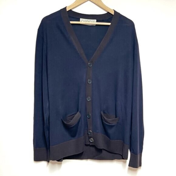 CARDIGAN Brand 100  Merino Wool Boyfriend Button Cardigan Navy Brown Sz L - Picture 1 of 5